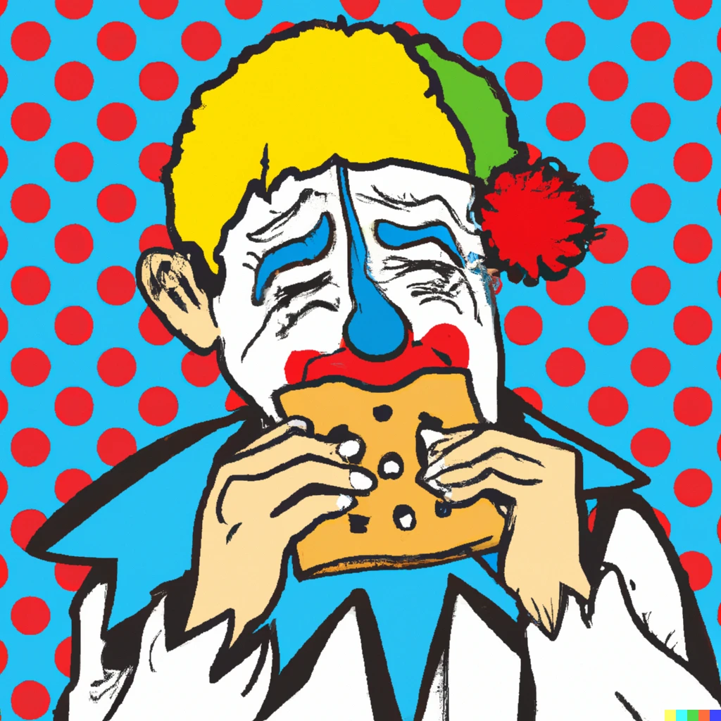 Prompt: Pop art, clown crying whilst eating a pop tart.