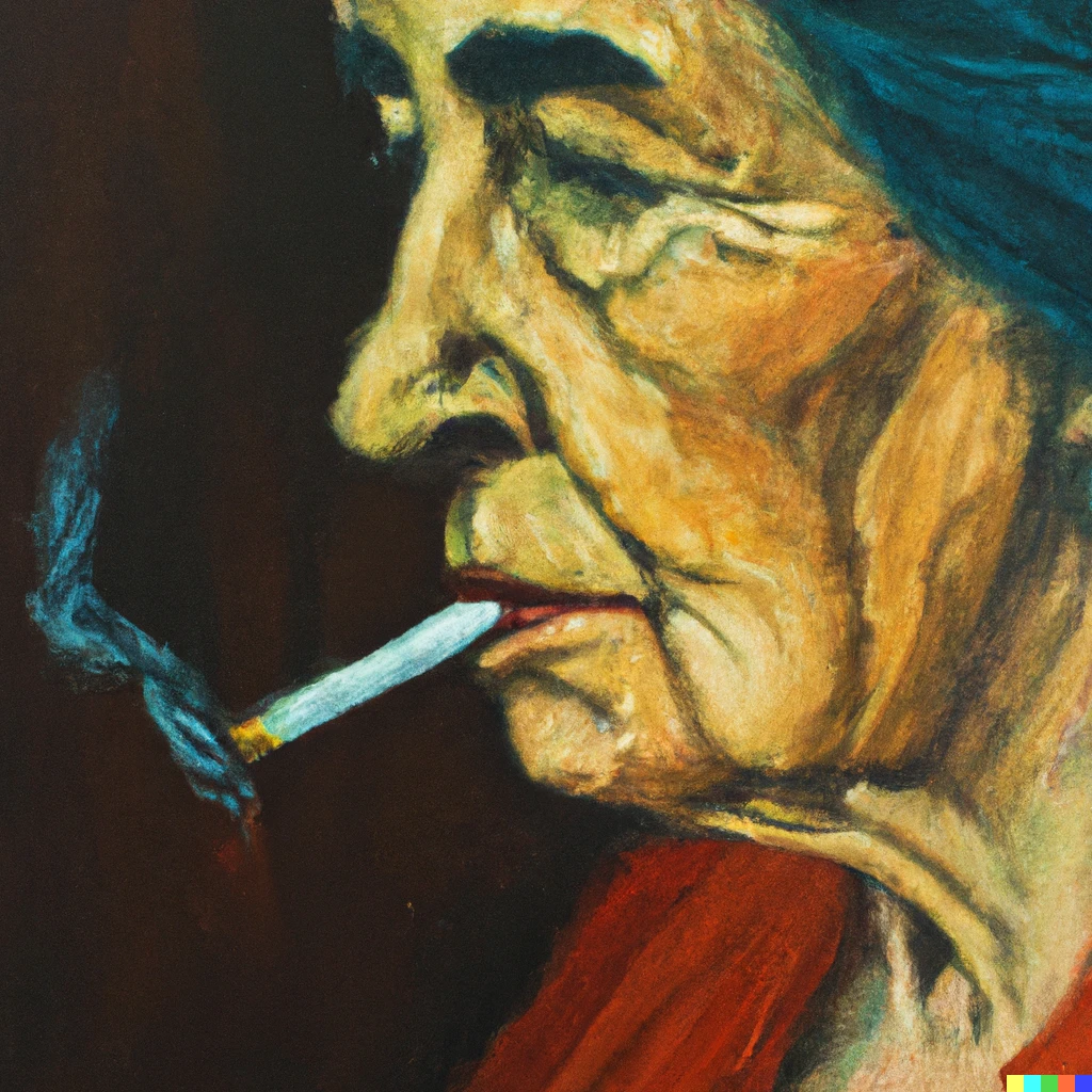Prompt: Oil painting, Old lady with a cigarette hanging from her mouth.