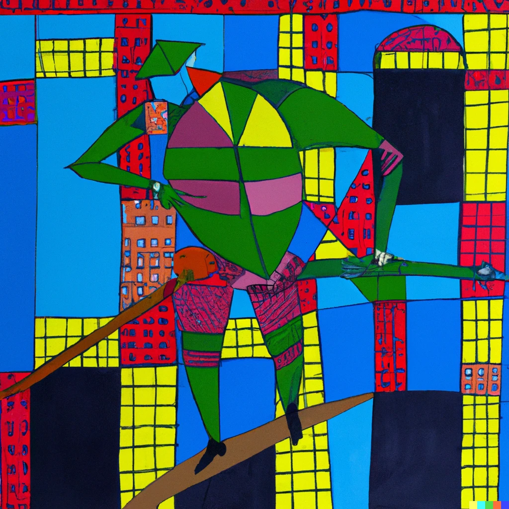Prompt: Pop art, oil painting, cubism, knight walking calmly on a tightrope.