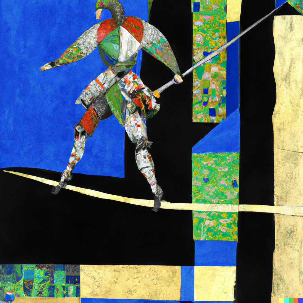 Prompt: Pop art, oil painting, cubism, knight walking calmly on a tightrope.