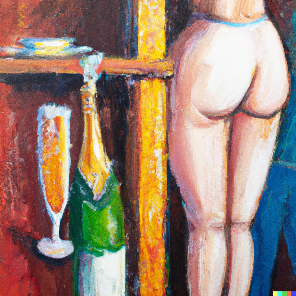 Prompt: Oil painting, man drinking champagne from a girls bum that looks like a shelf.