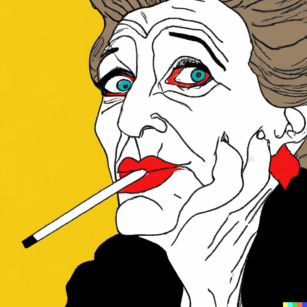 Prompt: Pop art, Old lady with a cigarette hanging from her mouth.