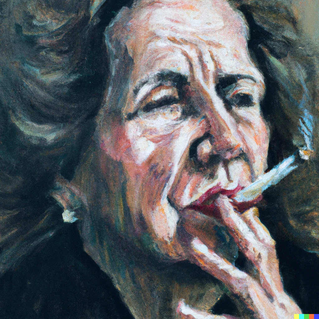 Prompt: Oil painting, Old woman with a cigarette coming out of her mouth.