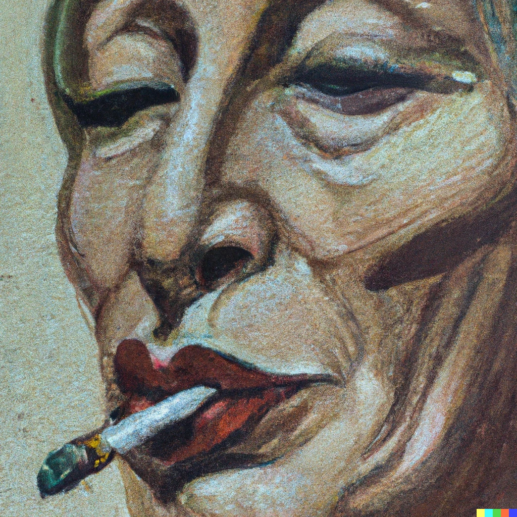 Prompt: Oil painting, Old woman with a cigarette coming out of her mouth.