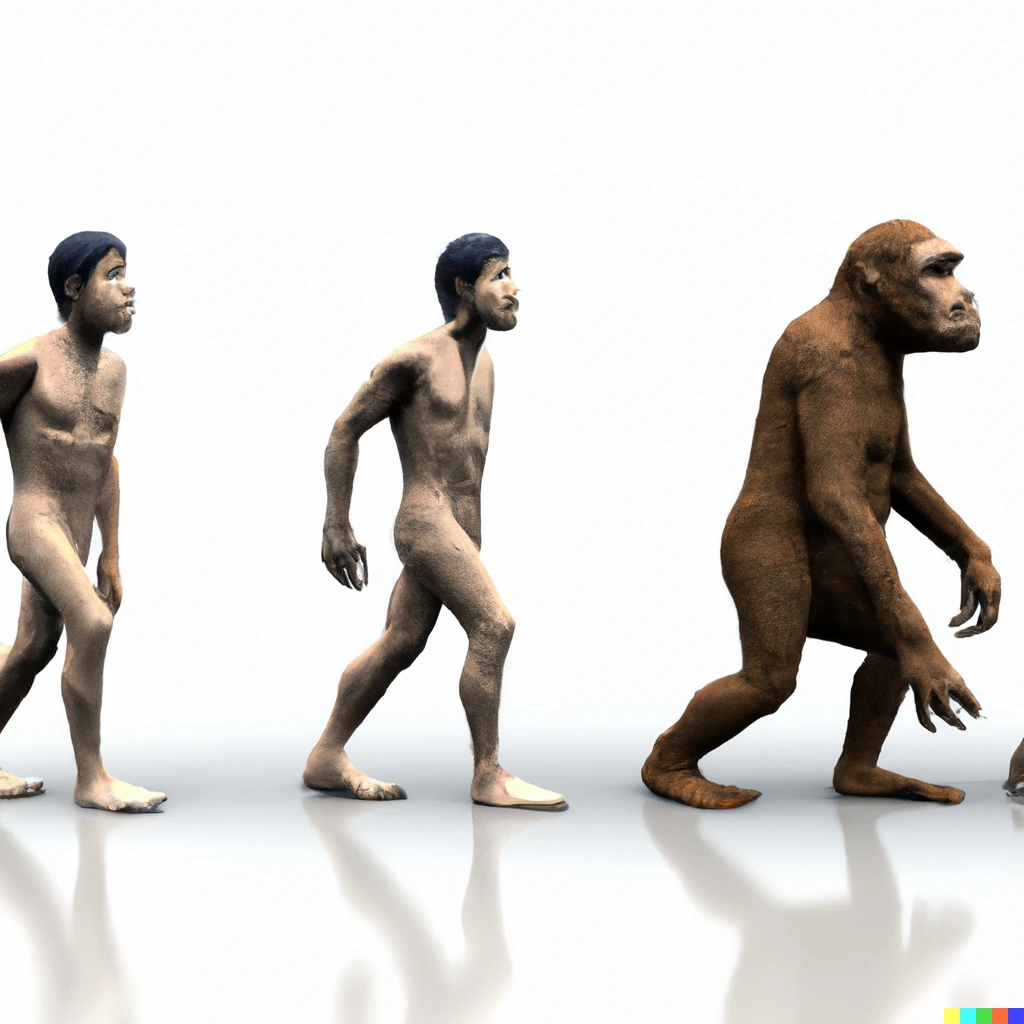 Prompt: Human evolution, from ape to man, 3D.