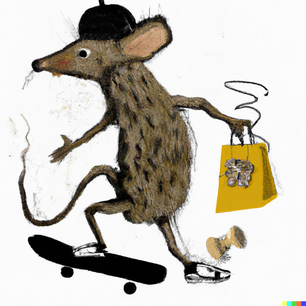 Prompt: Graffiti Banksy style rat with mushroom hair, skateboarding whilst holding a bag of stolen cheese.