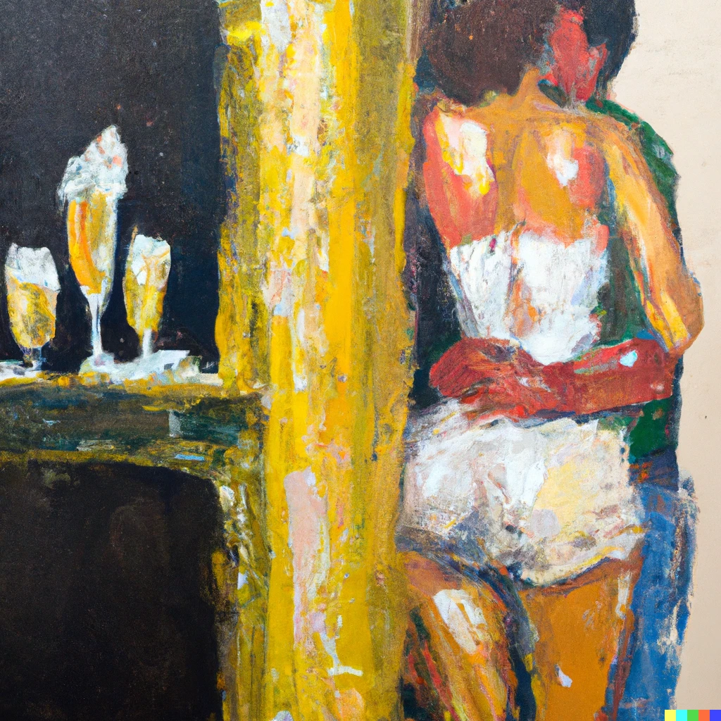 Prompt: Oil painting, man drinking champagne from a girls bum that looks like a shelf.