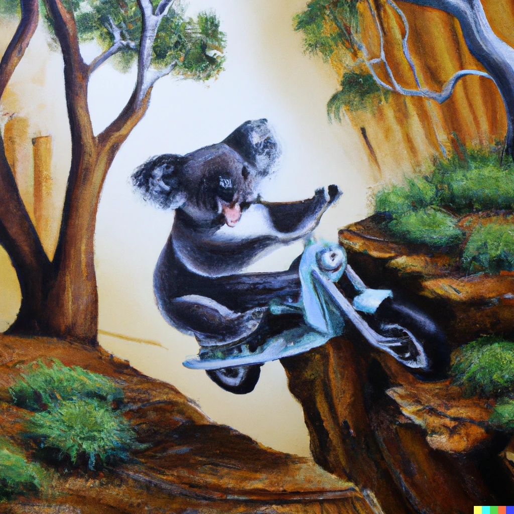 Prompt: Oil painting of a koala riding a motorbike jumping over a canyon.