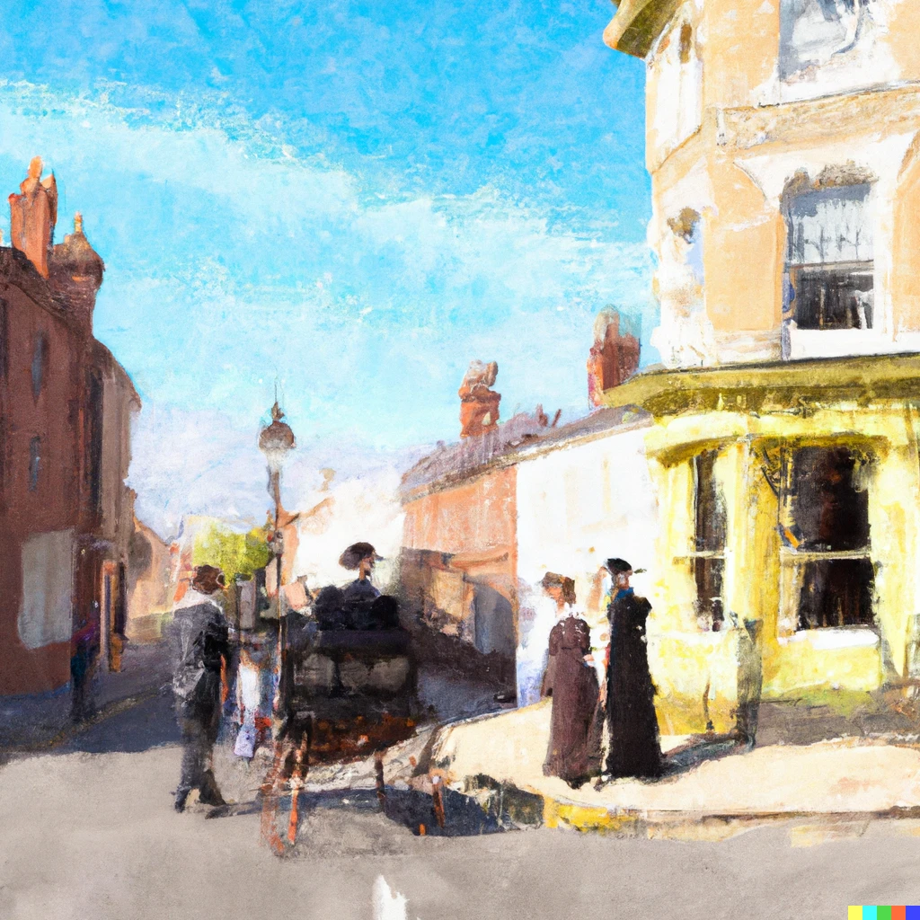 Prompt: A warped impression of an oil painting of an 1800’s street scene from England.