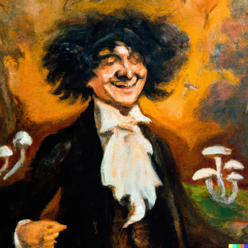 Prompt: Oil painting of an Edwardian aristocrat with mushroom hair celebrating.