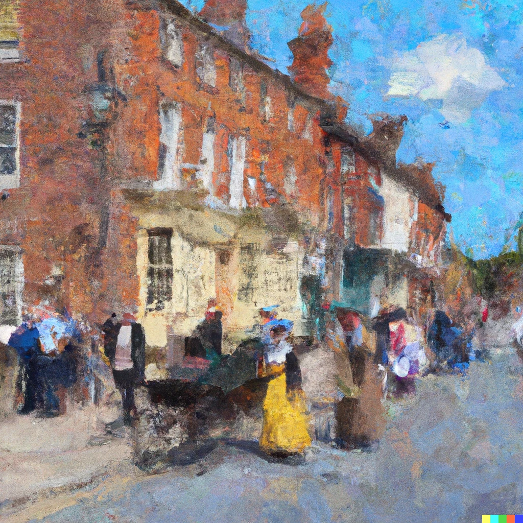 Prompt: A warped impression of an oil painting of an 1800’s street scene from England.
