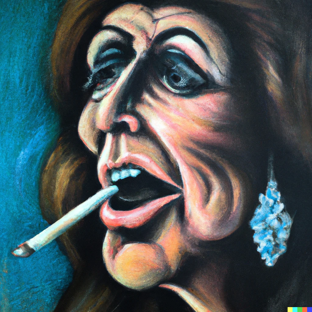 Prompt: Old woman with a cigarette coming out of her mouth. Pop culture and oil painting thingy