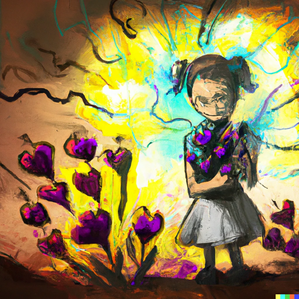 Prompt: Abstract realism, cute nine year old girl discovering hell, whilst holding flowers.