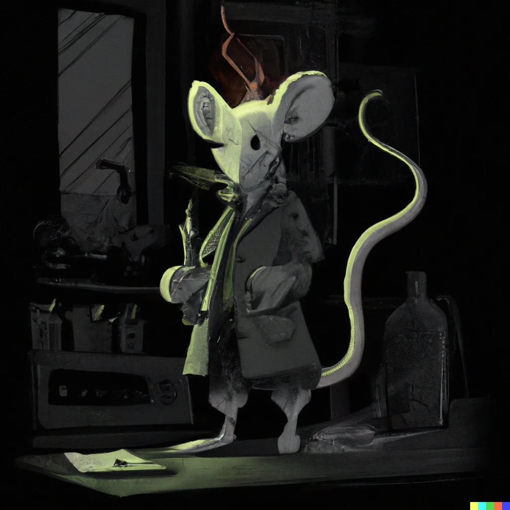Prompt: evil mouse engineer with ray weapone  in dark lab art 