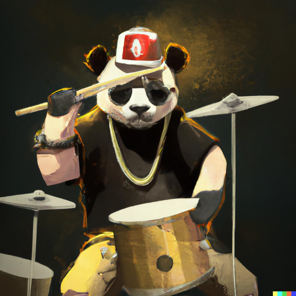 Prompt: a panda who plays drums with bamboo sticks and wears a cap, sunglasses and a gold necklace, digital art