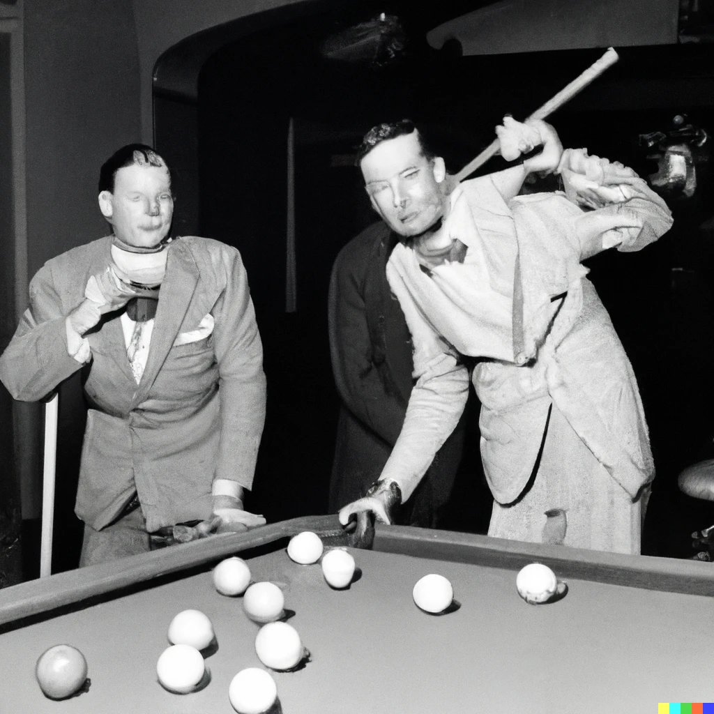 Prompt: Forrest Tucker and Milton Berle playing snooker while drinking pink champagne in Cleveland 