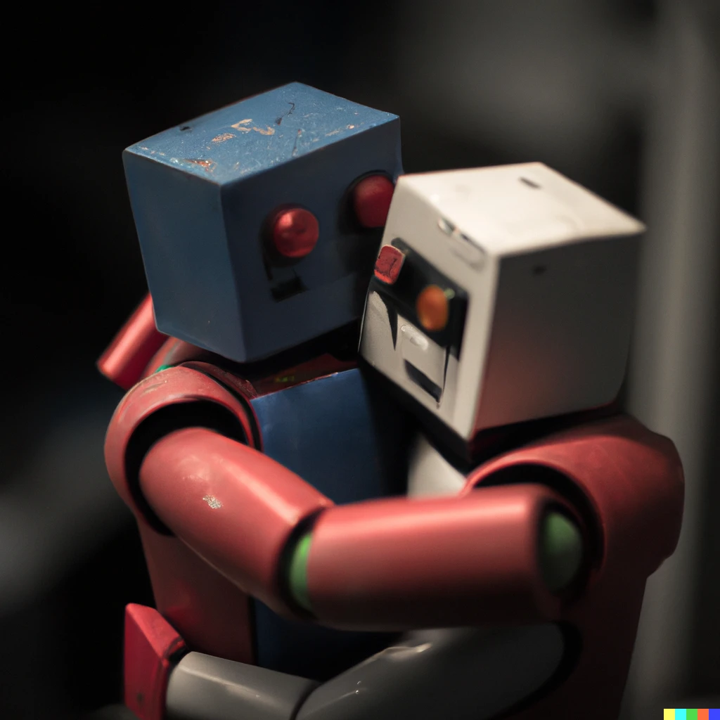 Prompt: Two robots hugging each other. Photograph, 50mm prime lens, f1.4