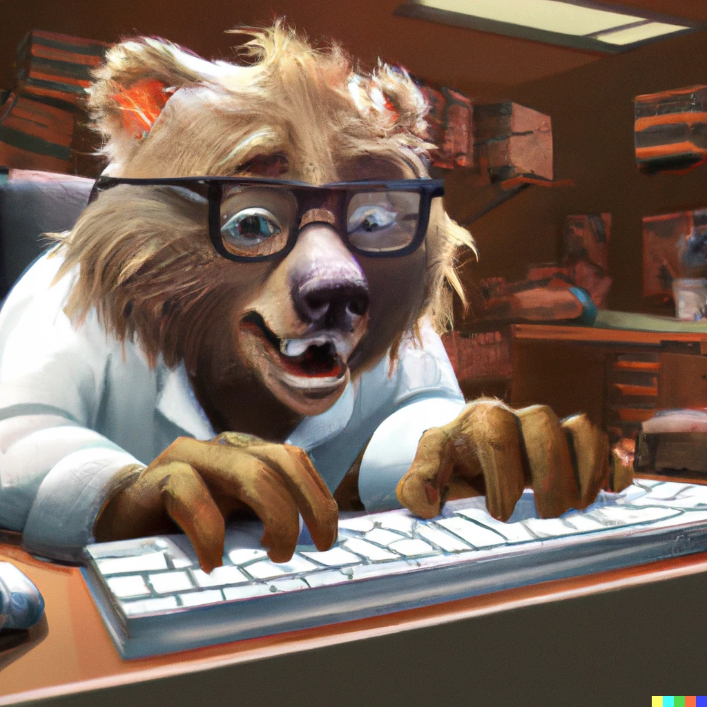 Prompt: A mad scientist bear typing frantically on a keyboard, digital art 4k
