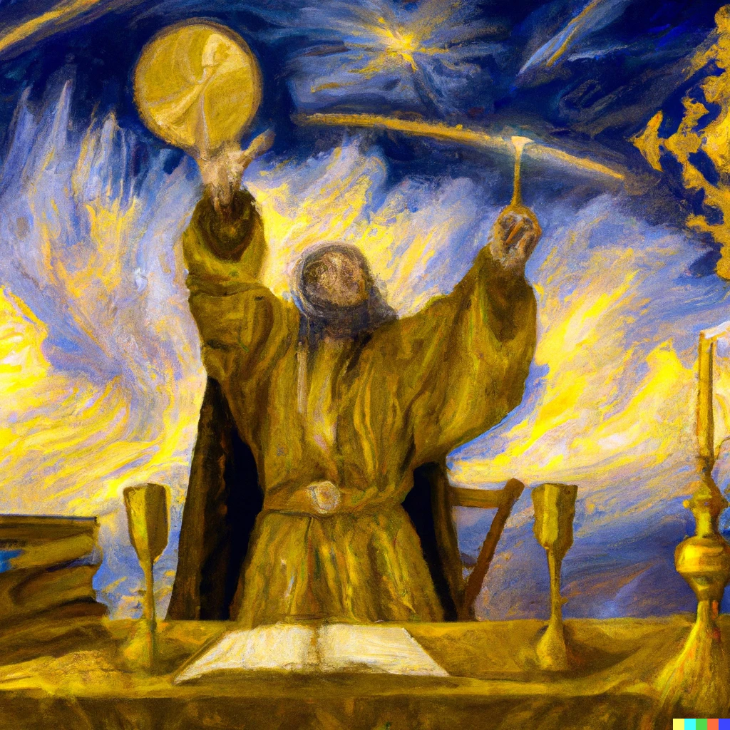 Prompt: A pagan priest or magician, depicted with one hand holding a sword pointed to the sky, while the other hand holds a wand and points to the ground. There is a golden glowing infinity symbol above his head. On a nearby table sits a golden chalice and a golden pentacle and an open book. Photorealistic impressionist style