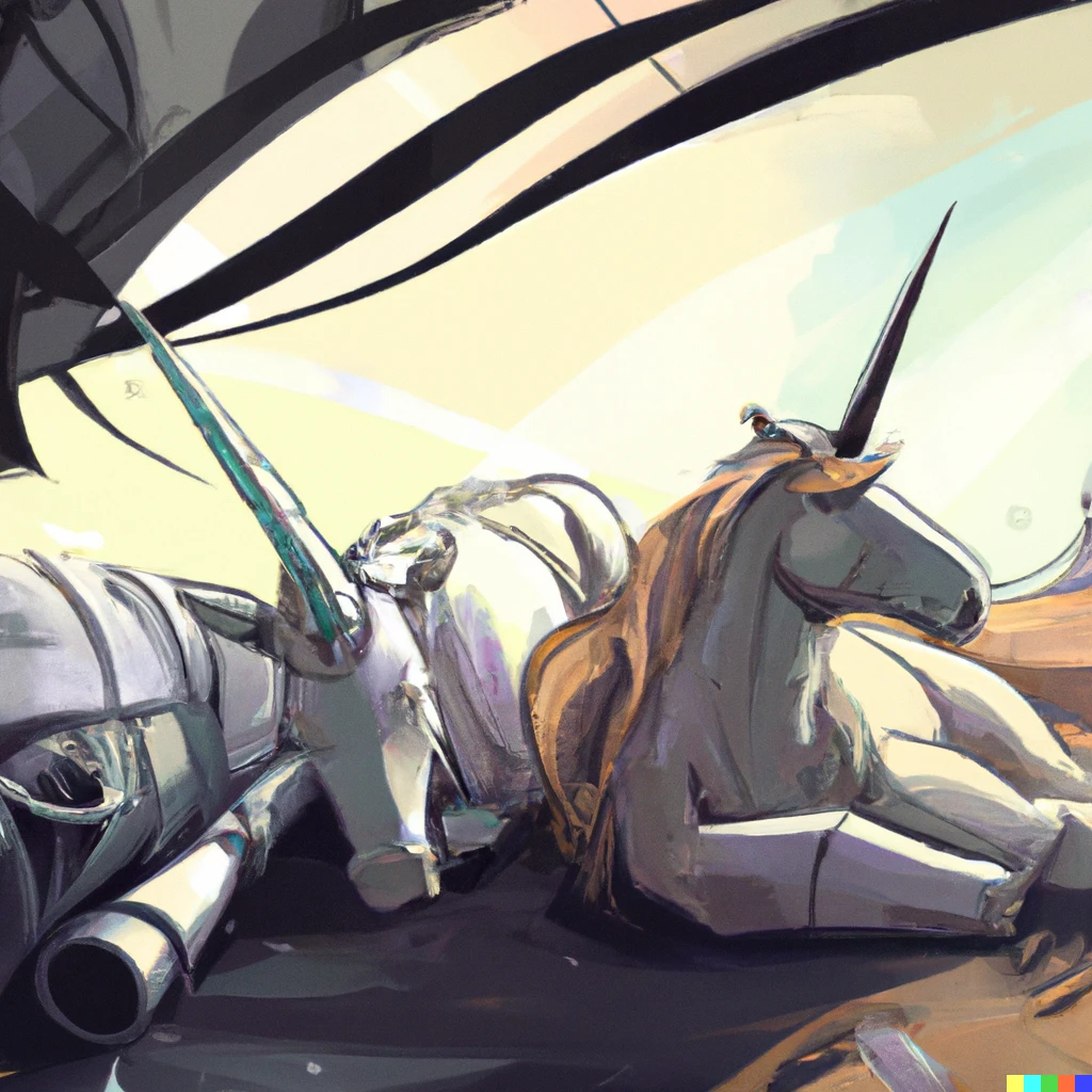 Prompt: Digital art unicorn sleeping beside robot unicorn in wasteland 