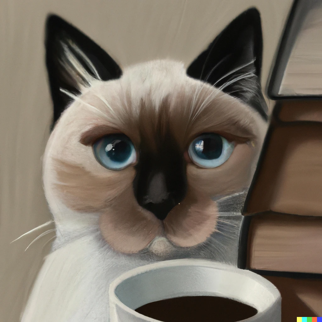 Prompt: A realistic painting of an elegant siamese blue-eyed and with half face white cat with a cup of coffee and books on 