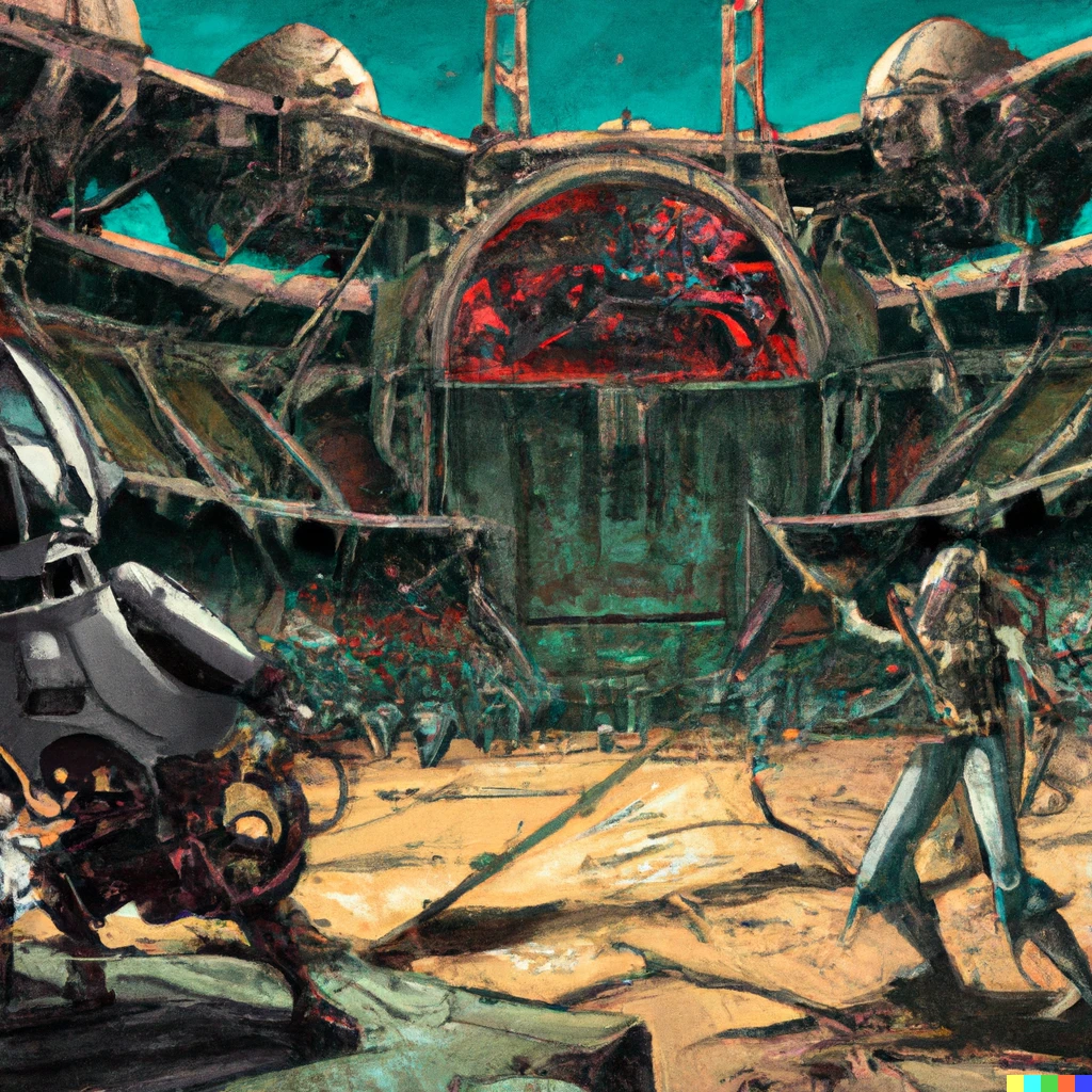 Prompt: A steampunk battle versus a Goblin at the Kumite tournament, in front of a large audience, in a futuristic romanesque colosseum. comic book style, digital art 