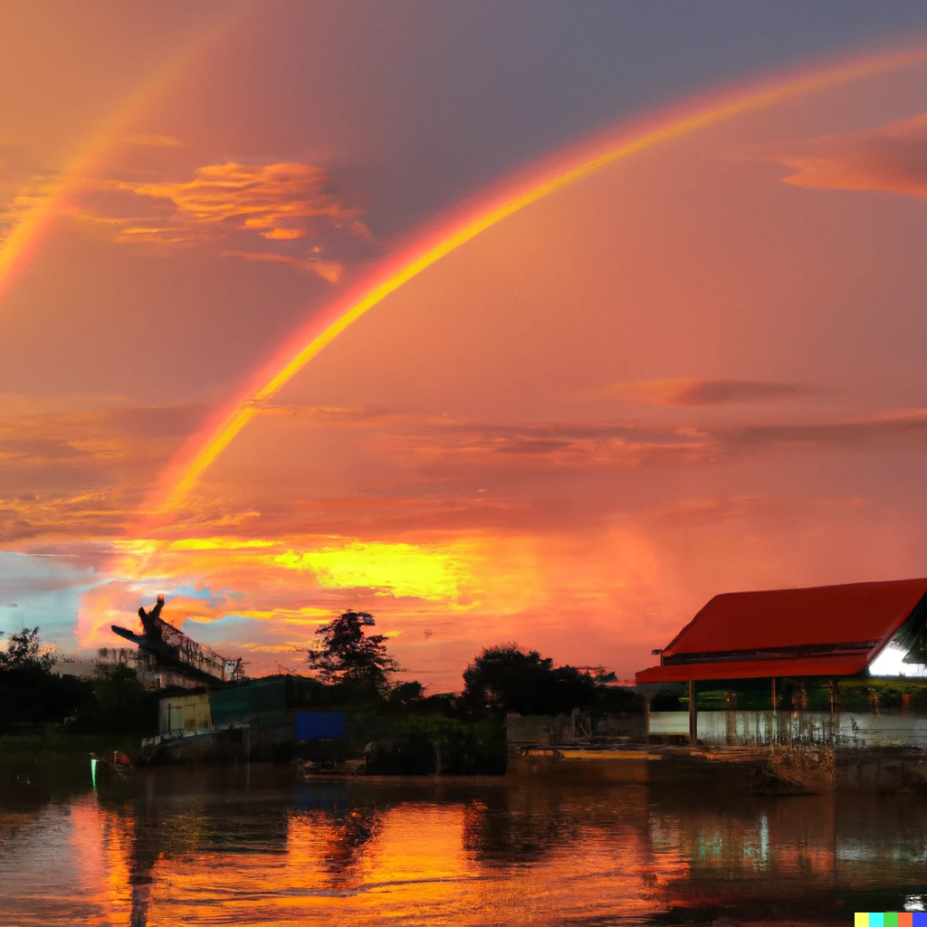 Prompt: A sky of fire and rainbow with drizzle on a house near a river.