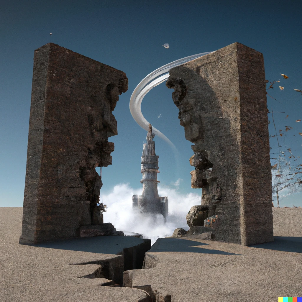 Prompt: photorealistic style a tower collapsing from another dimension and pieces falling to earth through portal