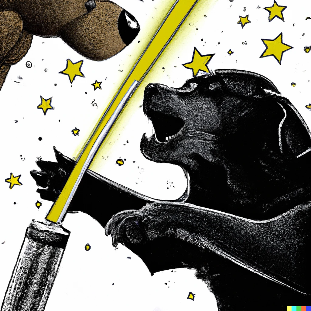 Prompt: Black Laborador dog in lightsaber duel with ferocious bear, comic book style
