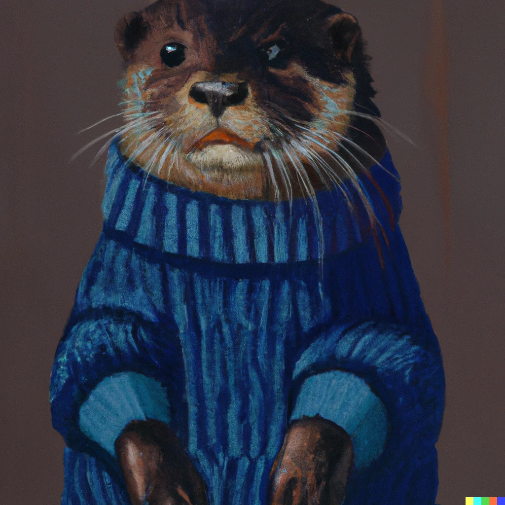 Prompt: a realistic painting of an otter wearing a dark blue knitted sweater