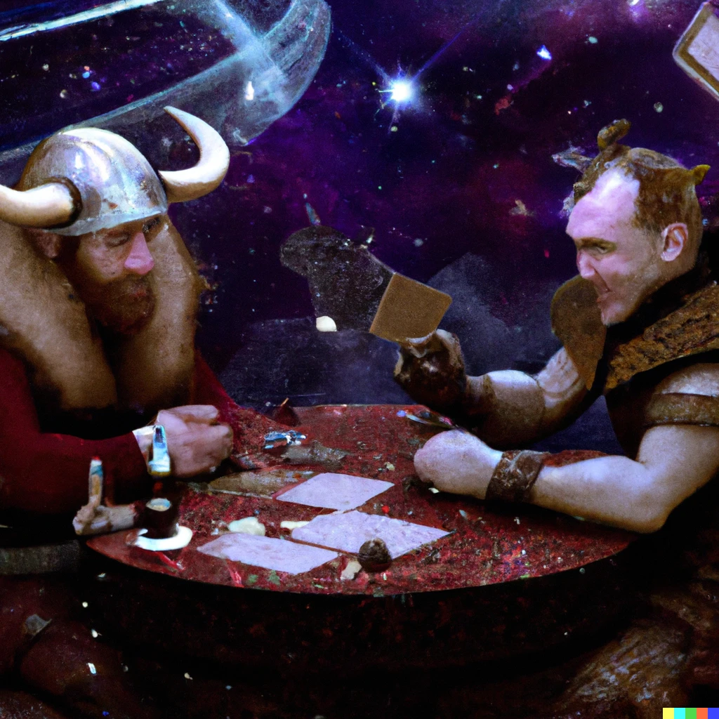 Prompt: A viking playing cards with a knight in a bar in space digital art
