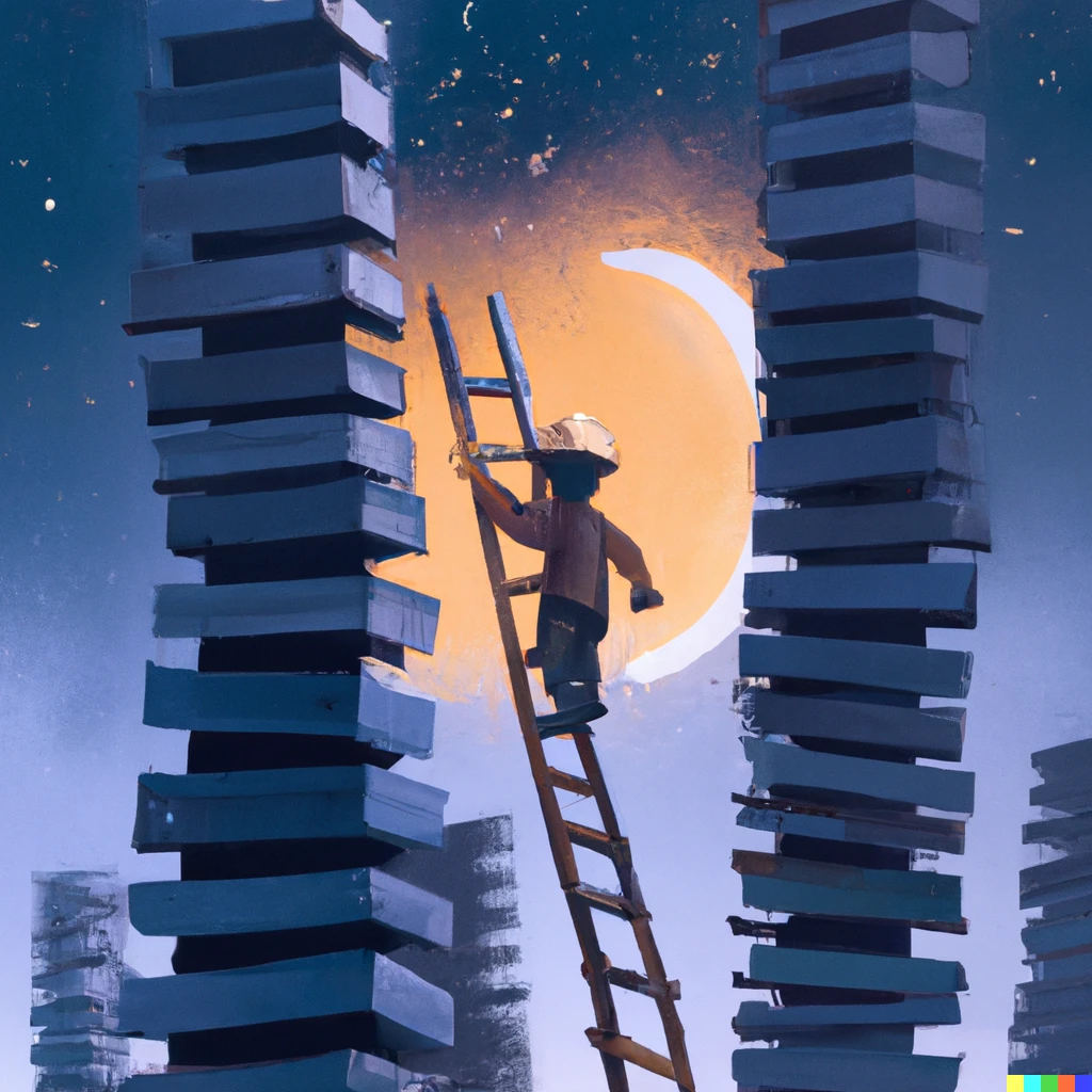 Prompt: A construction worker building a ladder to the moon, digital art