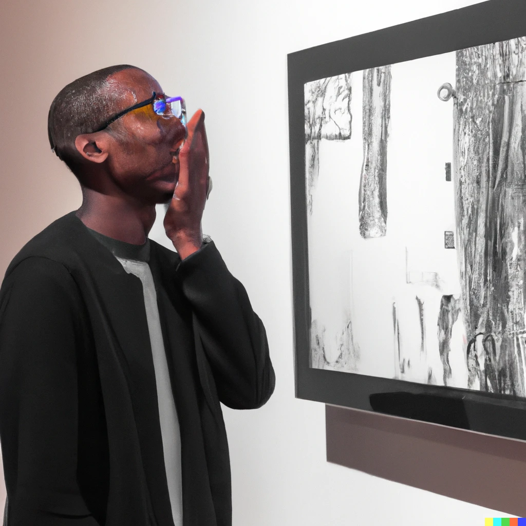 Prompt: An art critic crying at the MOMA in front of computer generated drawing that looks like a humans artwork. Well lit Candid shot by a famous photographer