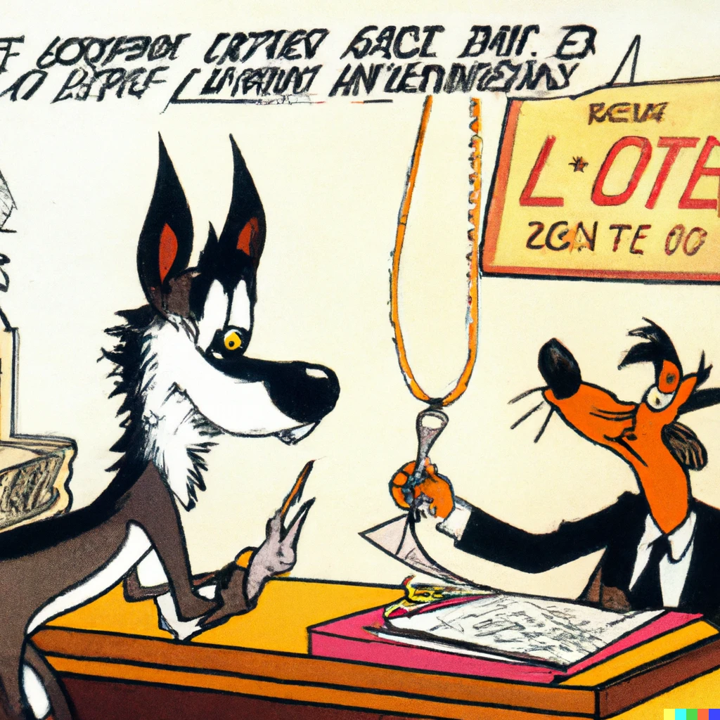 Prompt: Wile E coyote as a copyright lawyer serving a subpoena  to a mechanic dalle that is chained to a wall. Still from The animated film by the Warner brothers named: "hijinks in text to image: you'll never catch us"