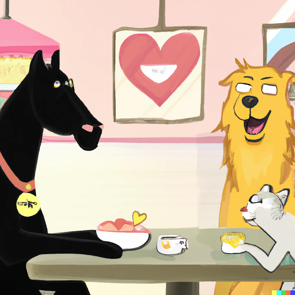 Prompt: An anthropomorphic golden retriever in a black t-shirt with a pink heart drawing, interrupting a conversation between a horse and a cat dining at a cafe. Still from the animated hit show "talking horse with lots of money"