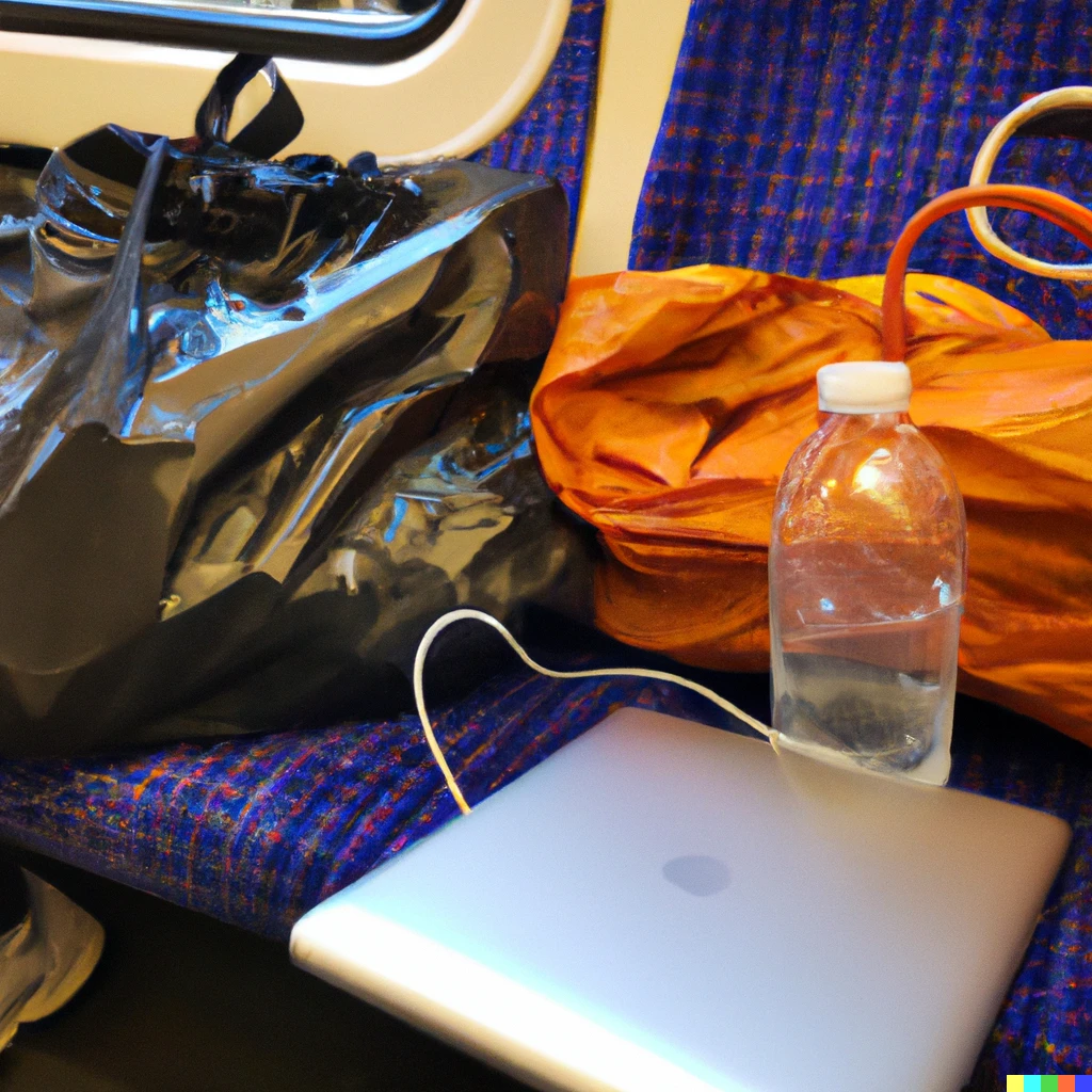 Prompt: An urban snap of A shopping bag on the train seat, there is a MacBook and an ipad pro in it. Next to it a polyethylene bag with a water bottle and assorted wires