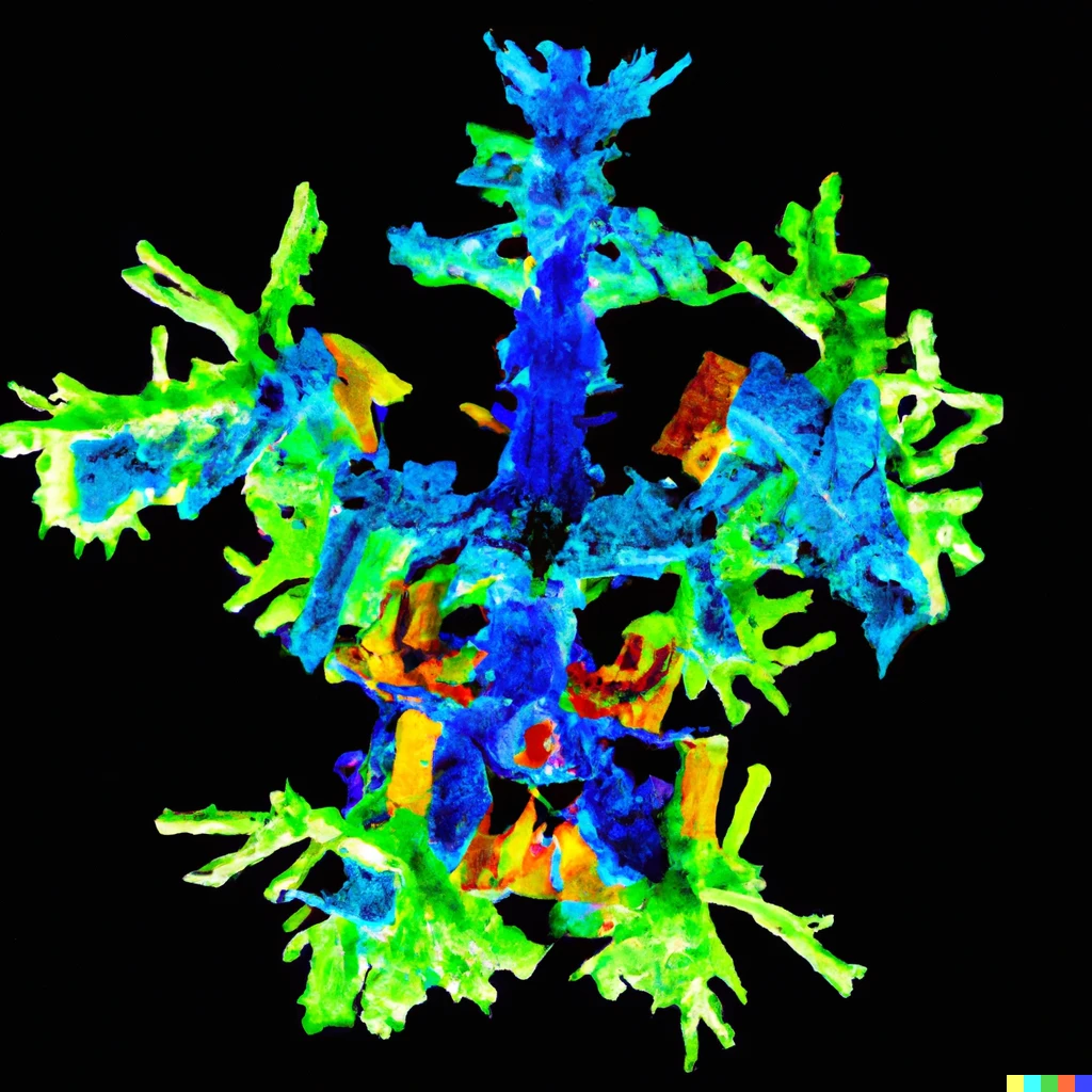 Prompt: an dendrite nano cluster that looks like a gundam, color-enhanced cryo TEM tomography 