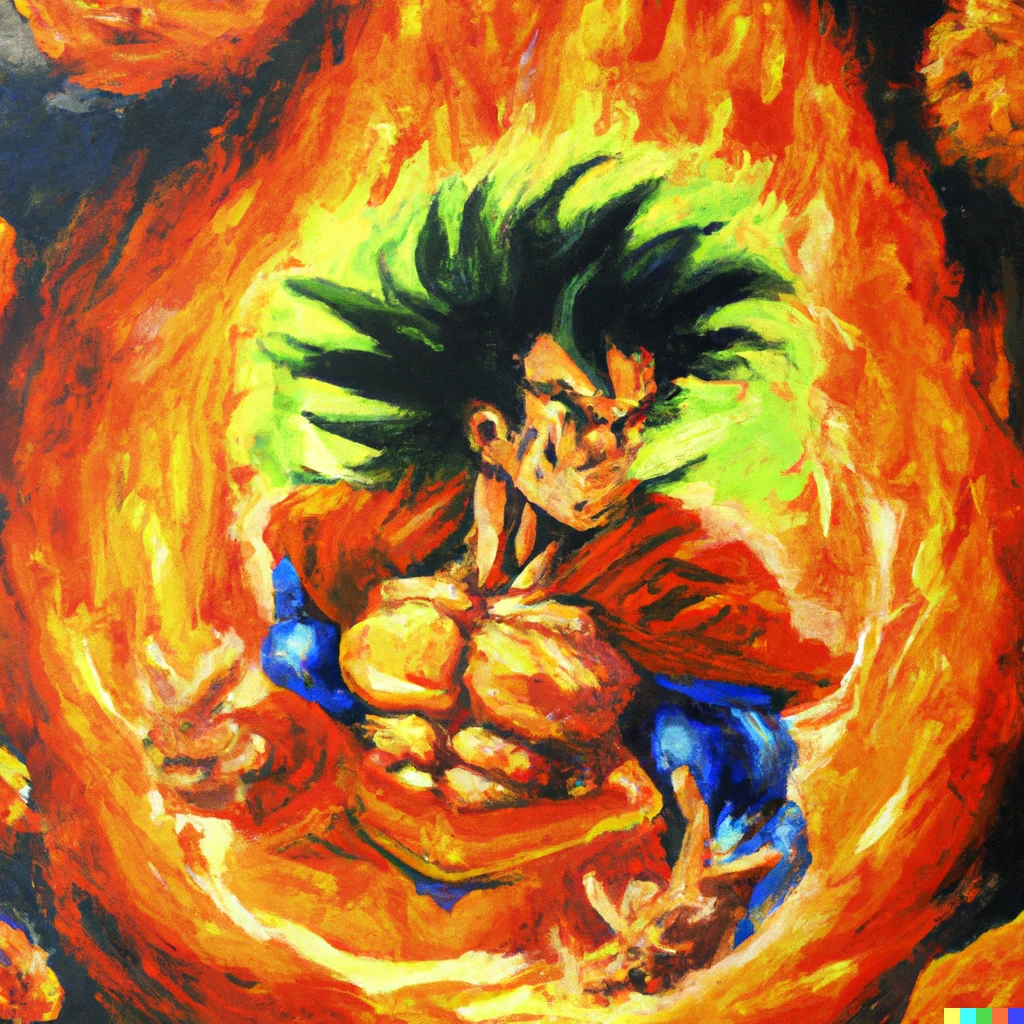 Prompt: Oil painting of Superman Dragonball Goku on fire by Michaelangelo