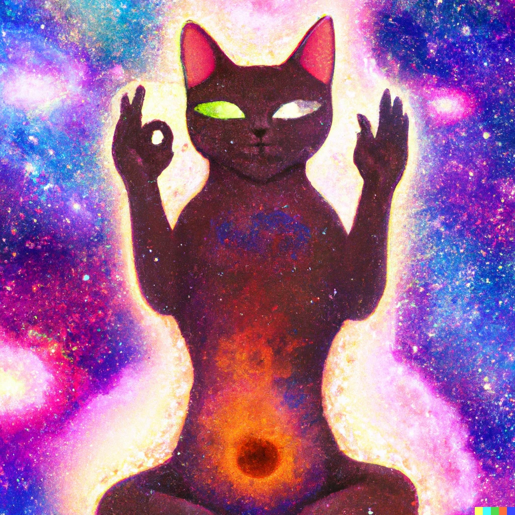 Prompt: transcendental energy style image of a floating cat in lotus pose becoming one with the universe. It's third eye is open and projecting healing energy. Both hands are forming mudras
