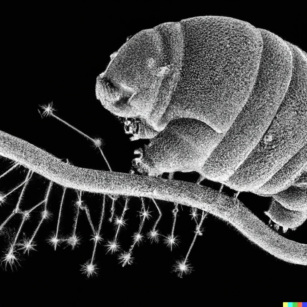 Prompt: high resolution scanning electron micrograph image of a tardigrade darwing a directed acyclic graph describing  data preprocessing on AWS
