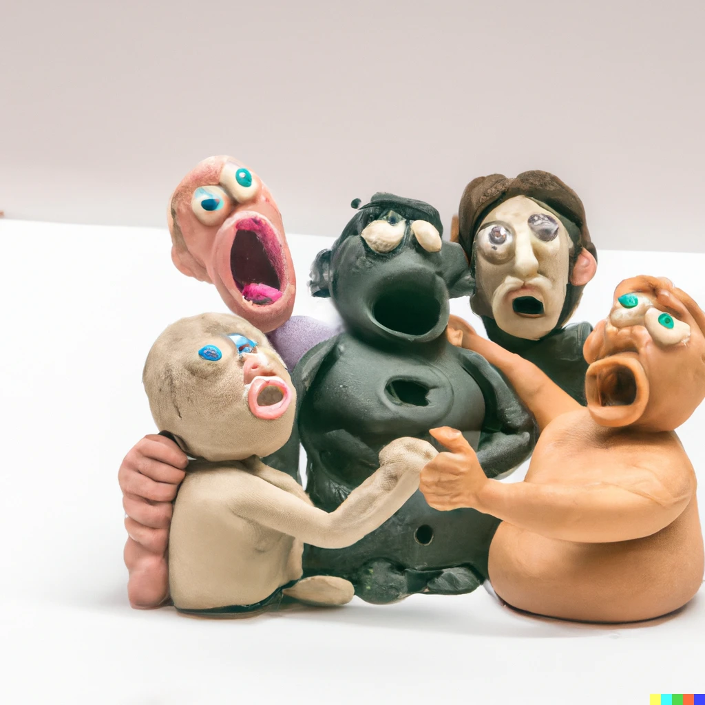 Prompt: famous meme reenacted with clay figurines