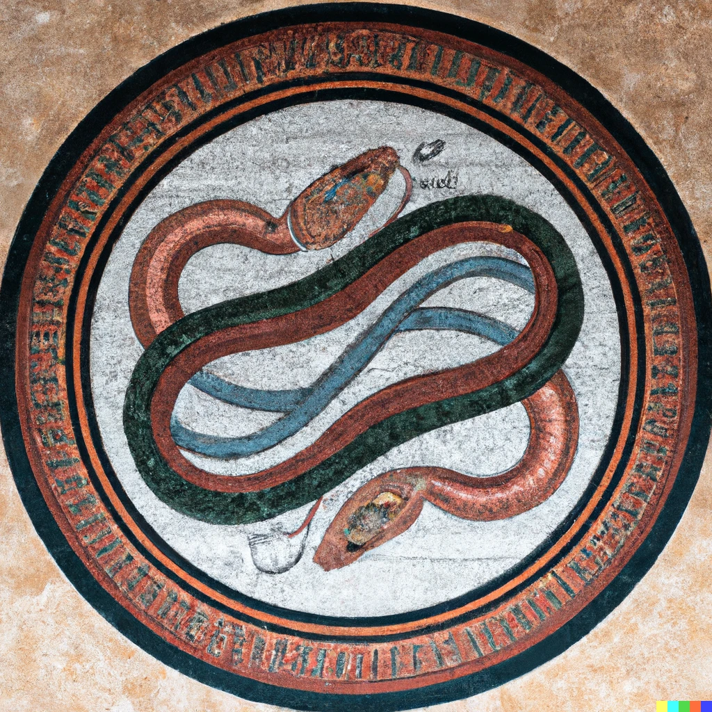 Prompt: artfully restored ancient greek circular mosaic depicting the two snake gods of continuous integration and continuous deployment