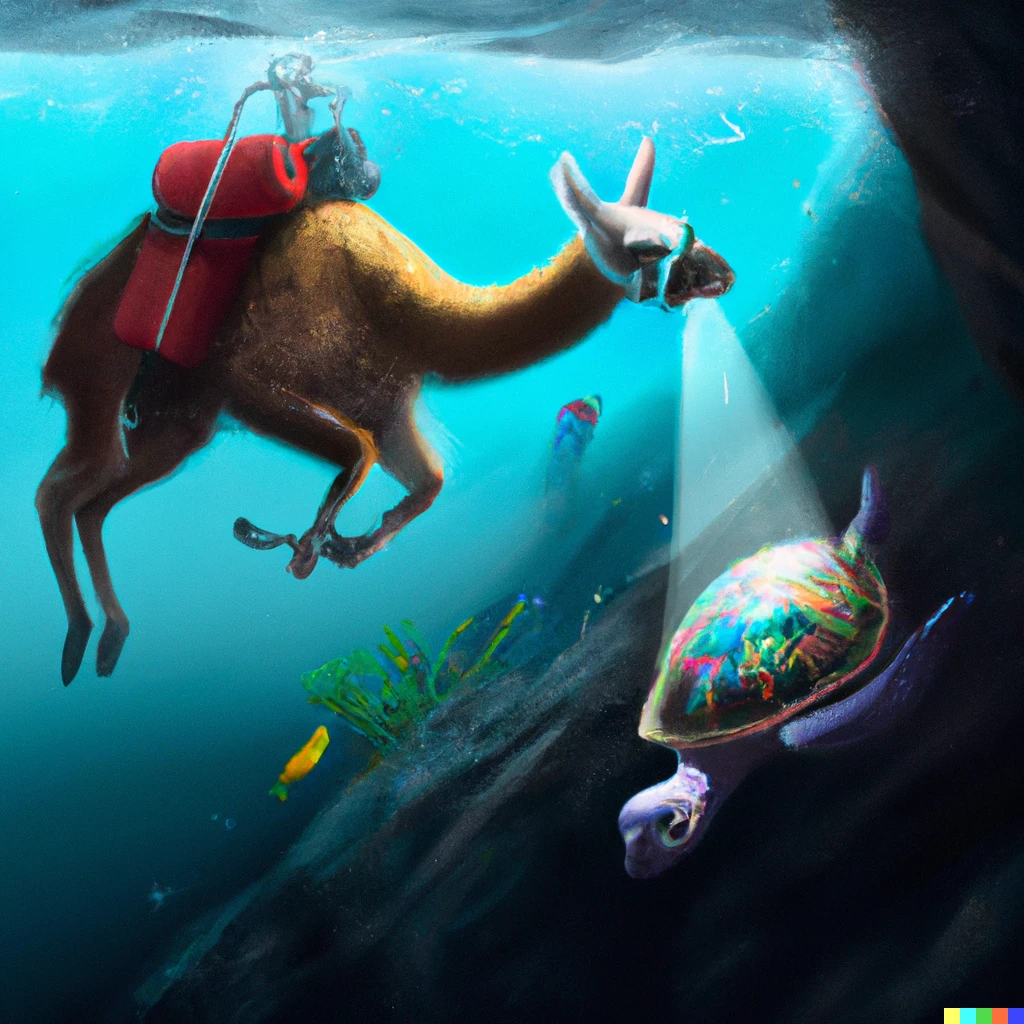 Prompt: a llama scuba diving near a giant turtle, digital art