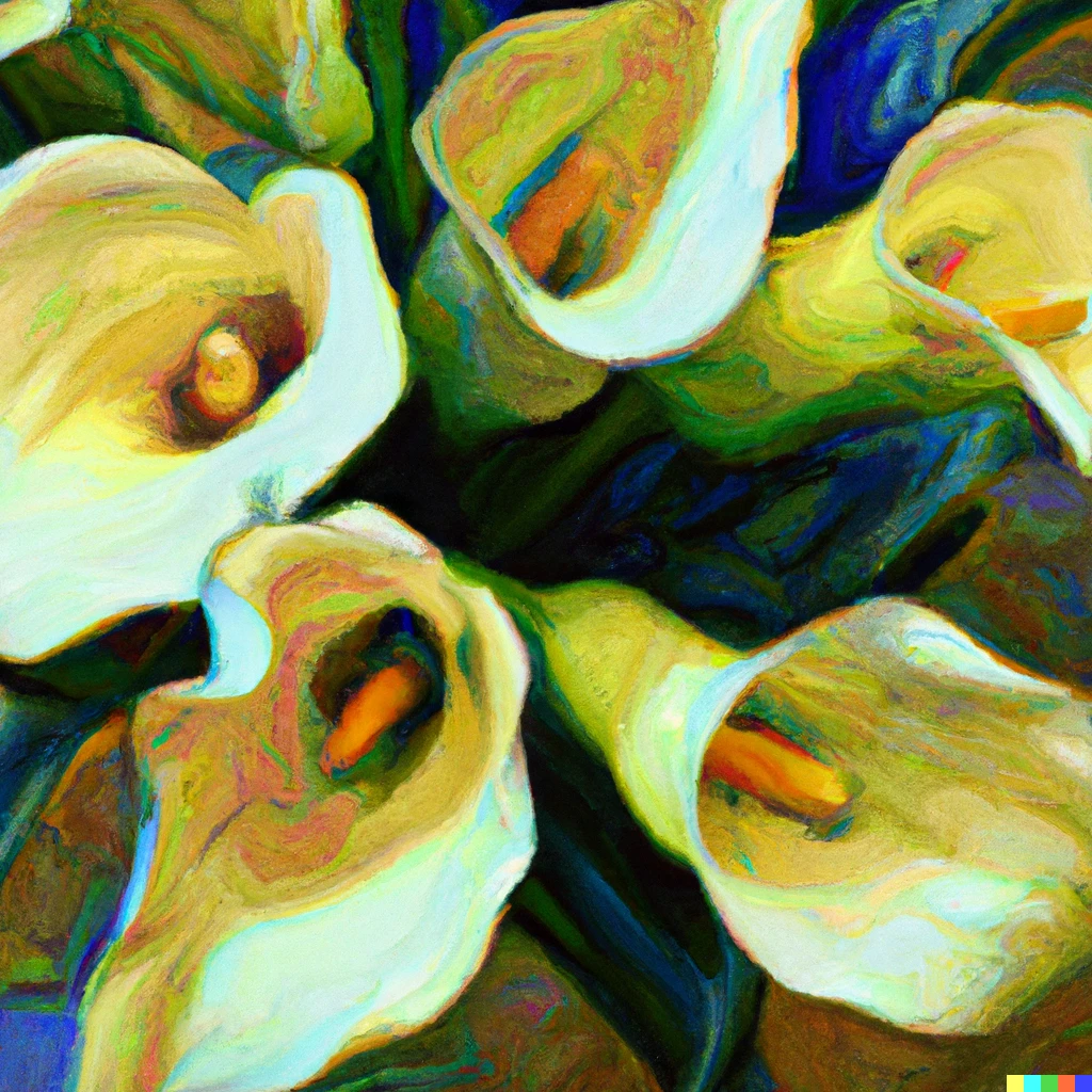 Prompt: Van Gogh-styles abstract oil painting of a bouquet of pastel calla lilies 