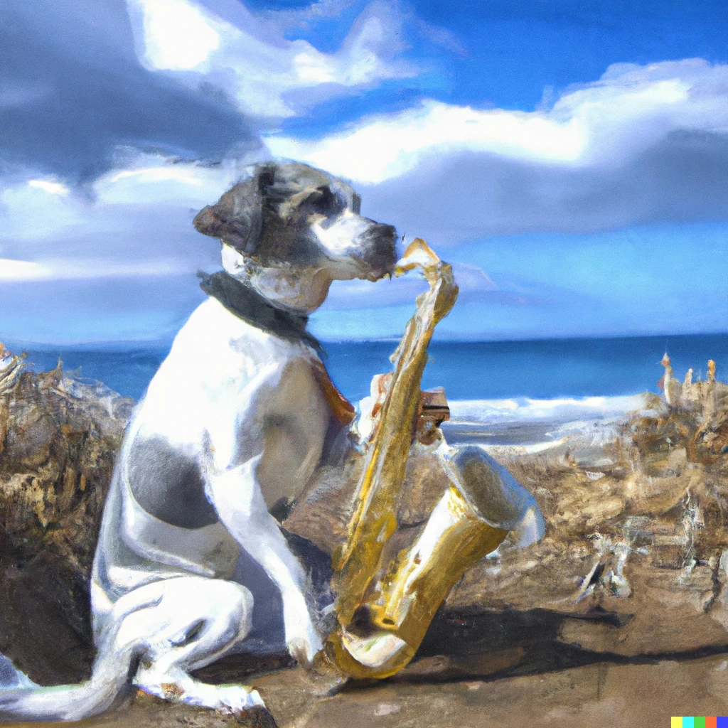 Prompt: A photo realistic painting of a little white and gray dog playing a great big saxophone st the beach in Springtime 