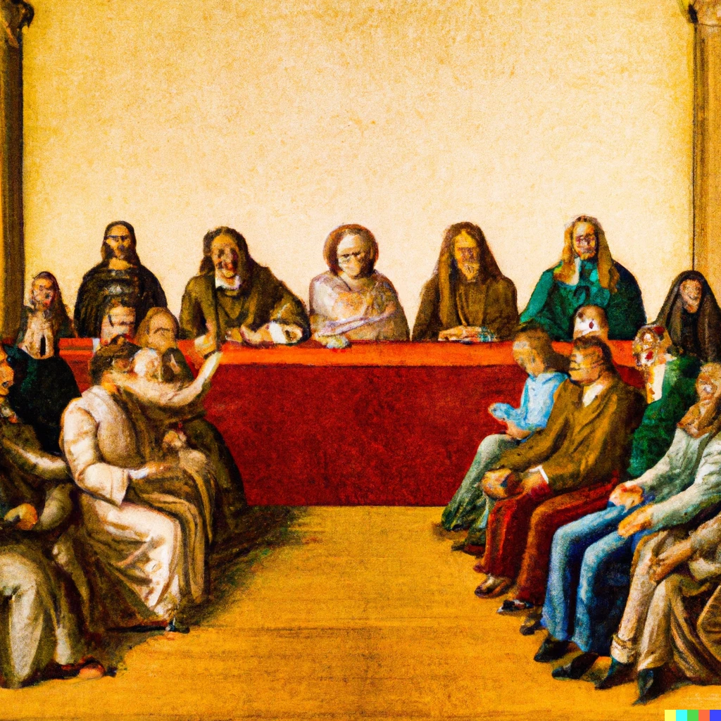 Prompt: Like in The Last Supper, Hannah Arendt as Jesus sits in the center with Socrates, Plato, Aristotle, St. Augistinus, Emmanuel Kant, Baruch Spinoza, Karl Marx, Friedrich Nietzsche, Martin Heidegger, Rosa Luxemburg, Walter Benjamin and Karl Jaspers. 