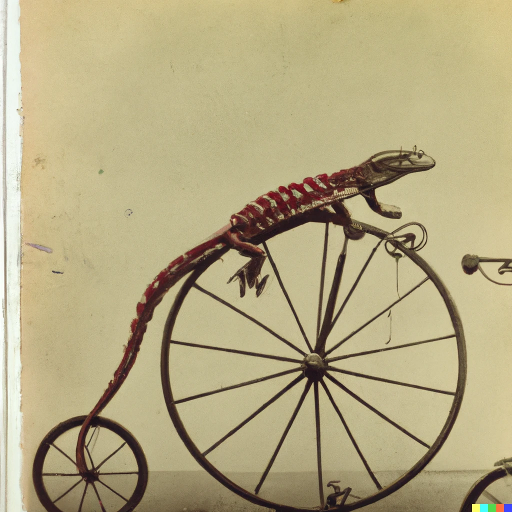 Prompt: A gecko riding a penny-farthing 1870 colour photo