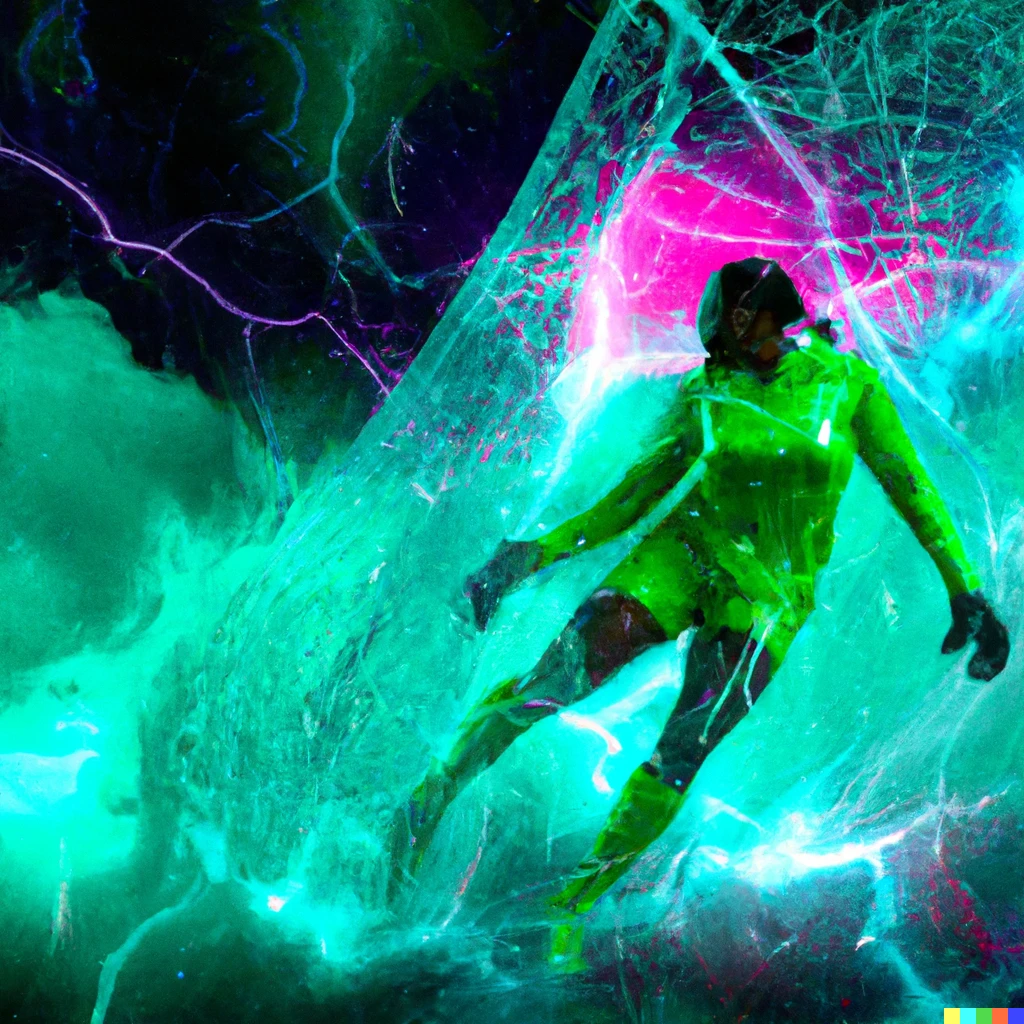 Prompt: A soccer goalie making a save in the rain with aurora Borealis mixed media futurism