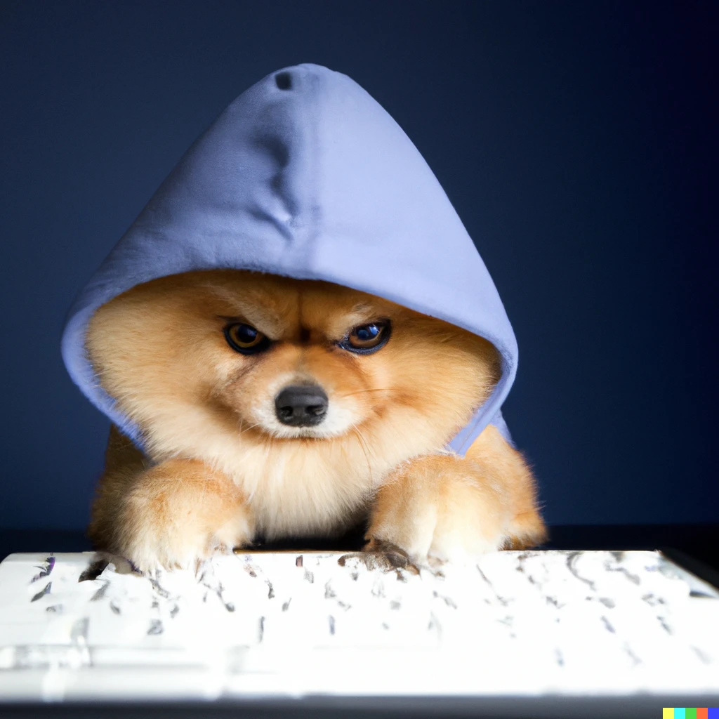 Prompt: a Pomeranian wearing a hoody hacking computers