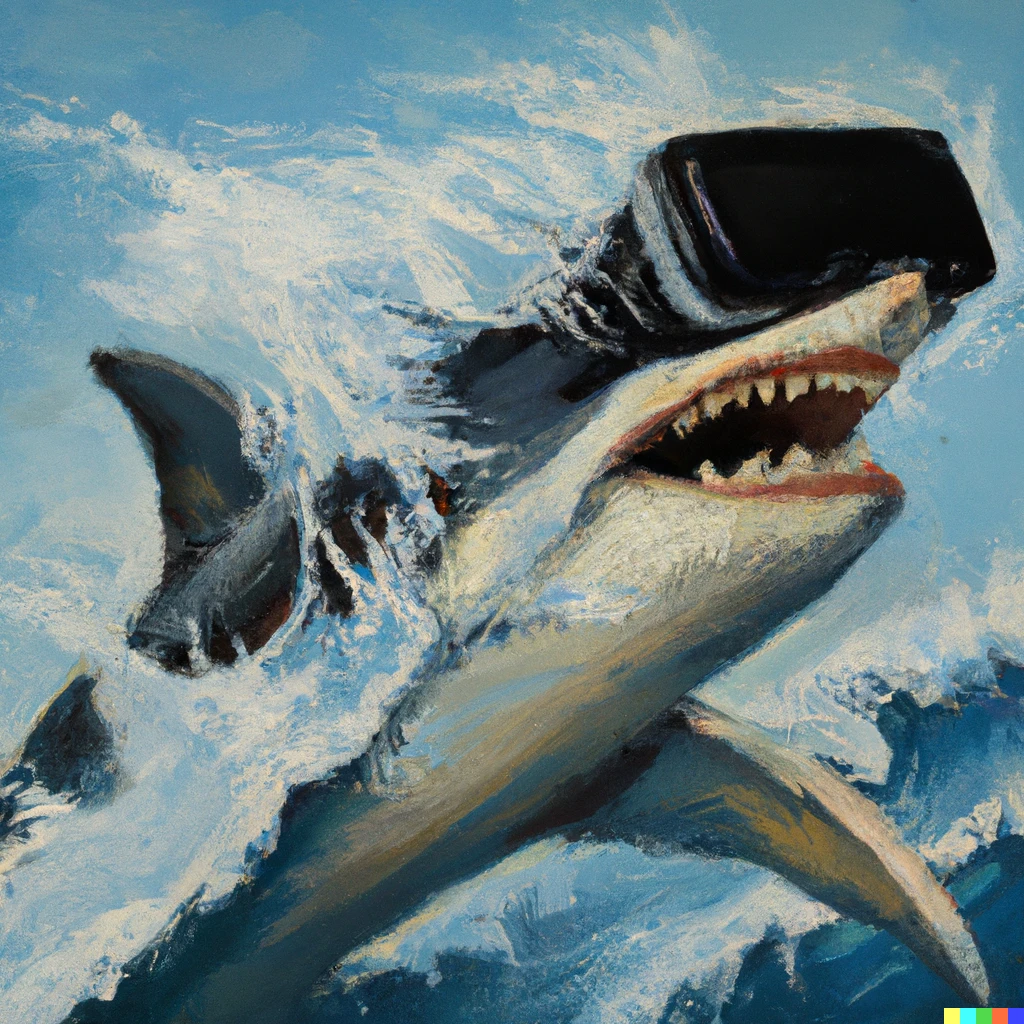 Prompt: A shark jumping out of a wave wearing a Quest 2 vr white headset, expressionist oil painting 